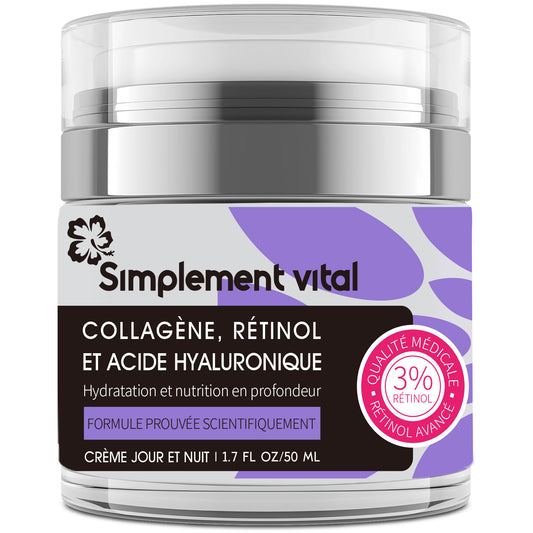 Crème Simplement Vital au Collagène, Rétinol et Acide Hyaluronique - Hydratant Anti-Âge Visage, Cou et Décolleté formulé au Etats-Unis