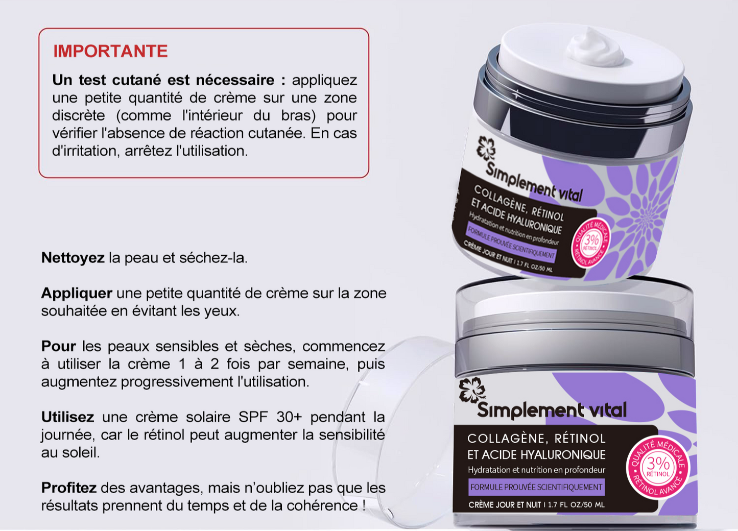 Crème Simplement Vital au Collagène, Rétinol et Acide Hyaluronique - Hydratant Anti-Âge Visage, Cou et Décolleté formulé au Etats-Unis