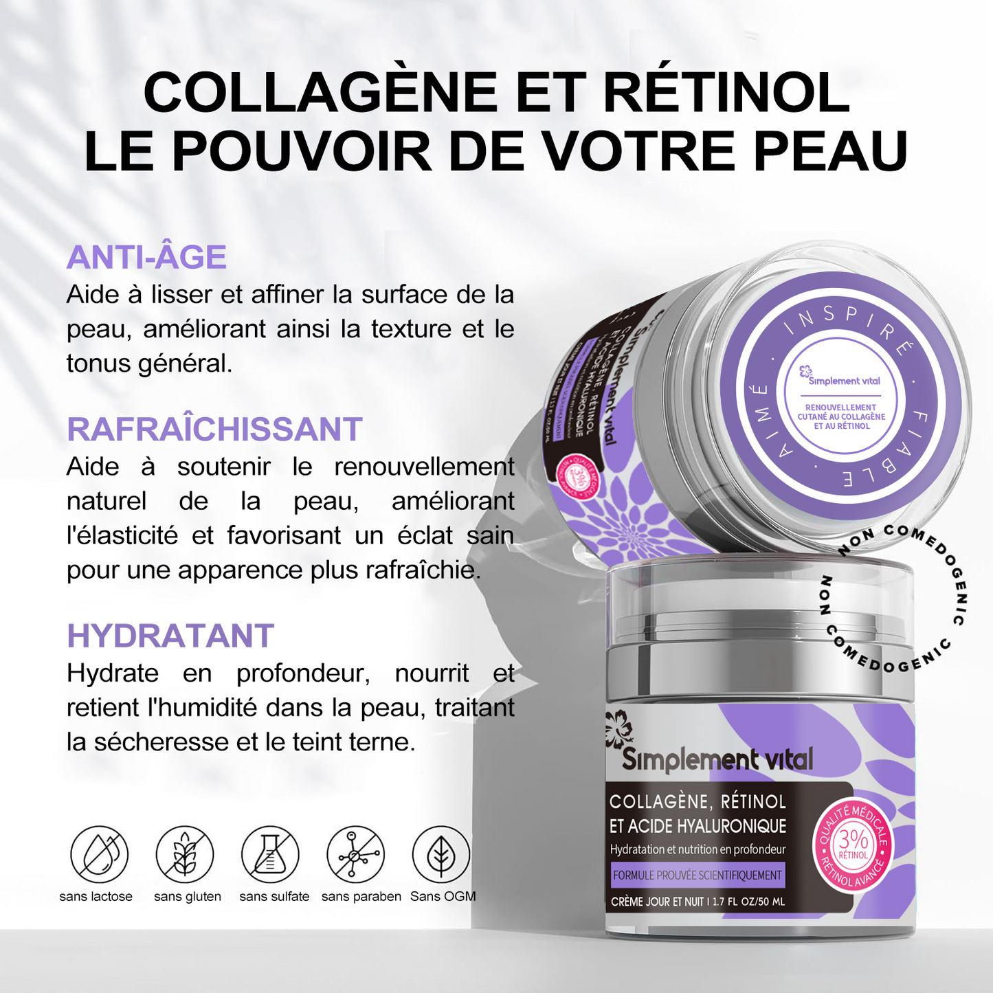 Crème Simplement Vital au Collagène, Rétinol et Acide Hyaluronique - Hydratant Anti-Âge Visage, Cou et Décolleté formulé au Etats-Unis